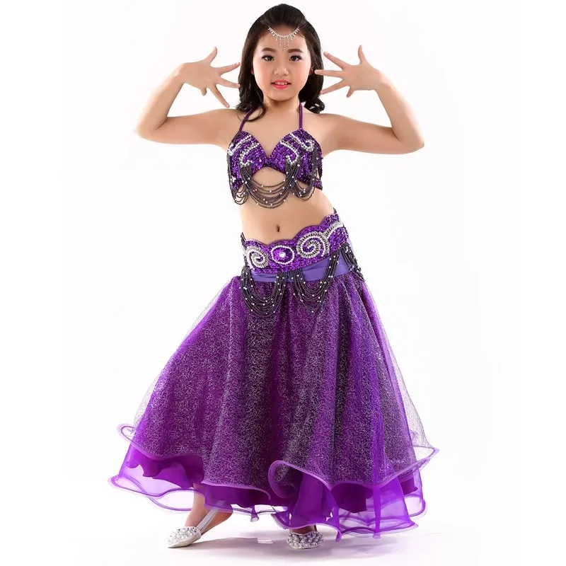 Customized Belly Dance Costumes Suit High End Pearl Embroidery Performance Dress for Children Set Mesh Skirt Belt Bra 3 Pcs