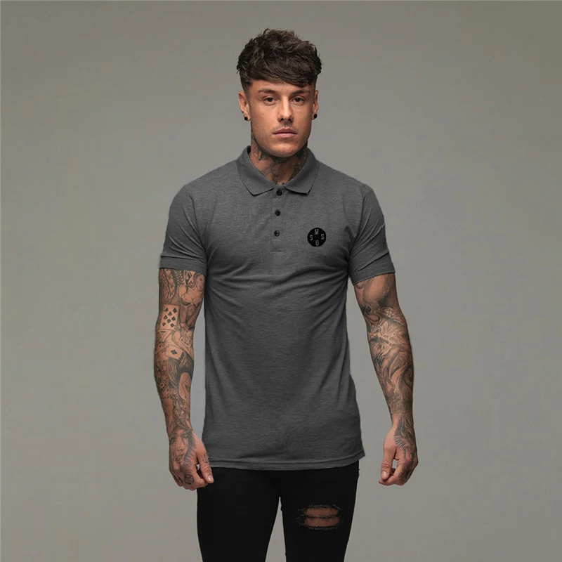 Gym Training Fitness Short Sleeve Men Fashion Lapel Polo Shirt Summer Comfortable Breathable Slim Cool Cotton Ruuning Sport Tops