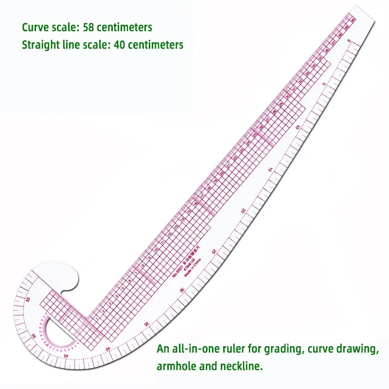 منحنى 58 سم ومسطرة تصنيف مستقيمة متعددة الوظائف 40 سم، مقياس مدمج لفتحة الذراع وتصميم خط العنق والخياطة #1
