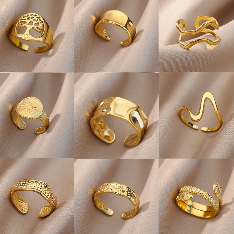 

Stainless Steel Irregular Geometric Open Rings For Women Gold Color Texture Couple Wedding Ring Trendy Elegant Aesthetic Jewelry