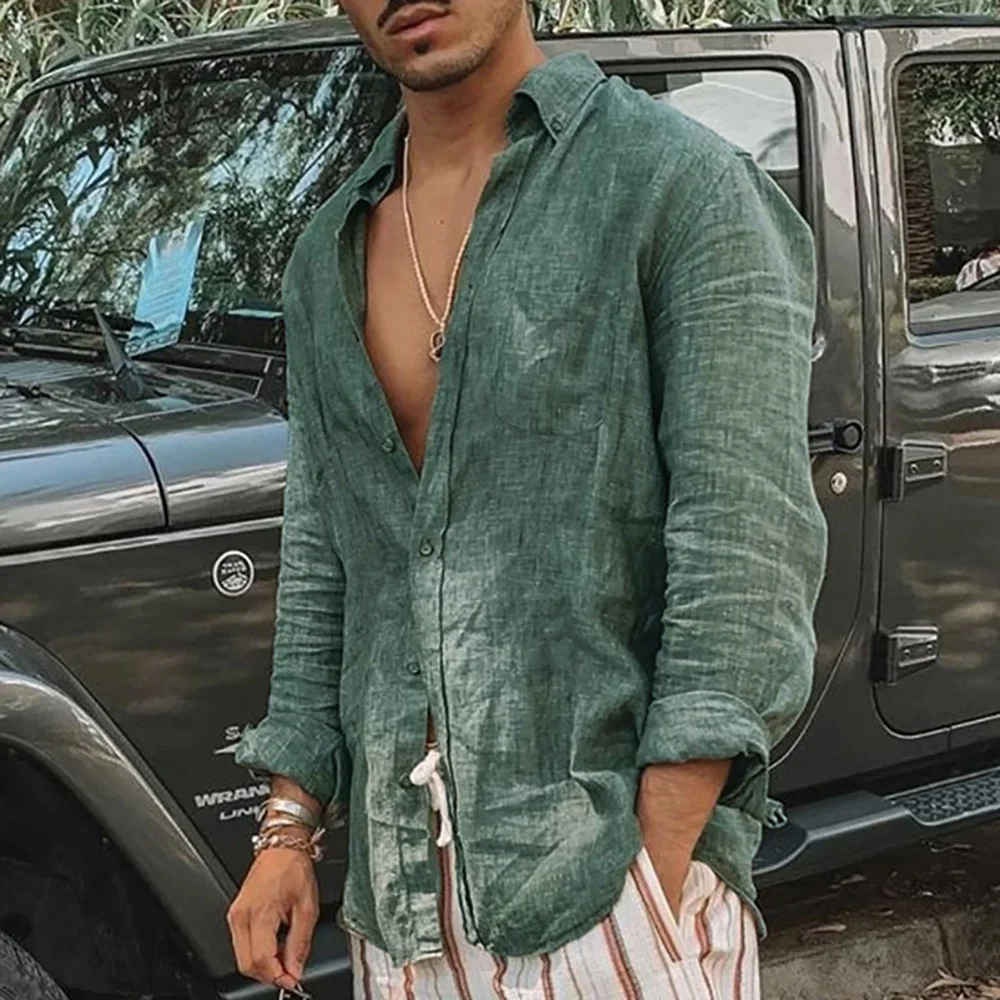 Men's Long Sleeve Shirt Spring Summer Lightweight Beach Shirts Turn-down Collar Simple Basic Style Single Breasted Top