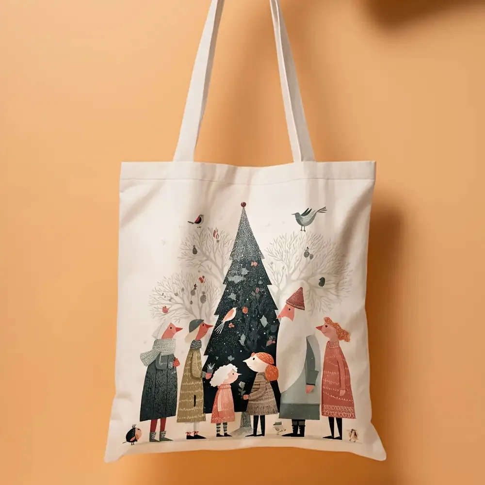 1 unidad de bolso de mano grande de estilo nórdico para el invierno, con estampado plano en 2D, en color beige y marrón, con motivos de copos de nieve y árboles navideños, y con detalles de encaje.