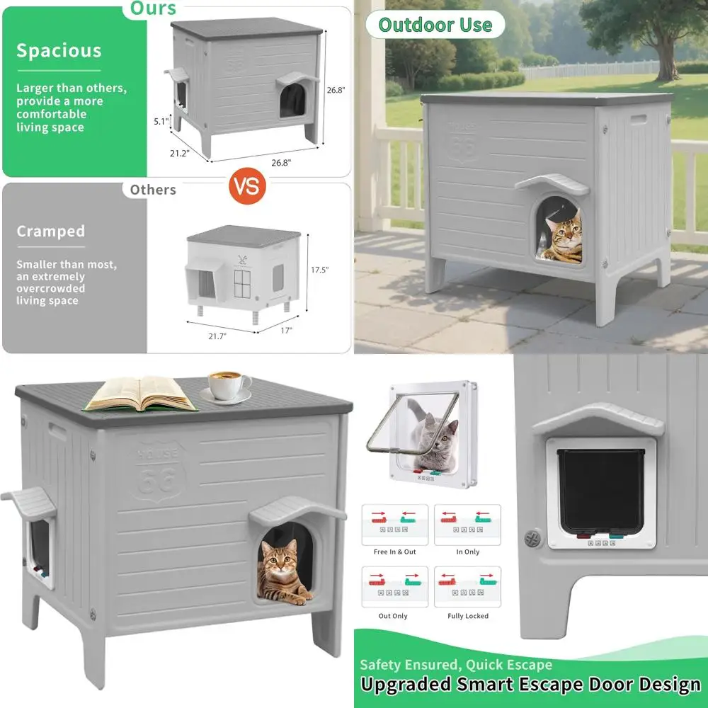 

Серый большой водонепроницаемый уличный кошачий домик с изоляцией и аварийной дверью для ферламных кошек