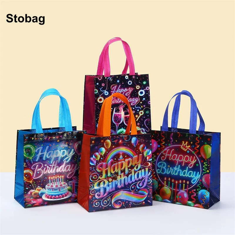 

StoBag 8/20pcs Happy Birthday Laser Non-woven Tote Bags Kids Candy Gift Packaging Fabric Waterproof Storage Reusable Pouches