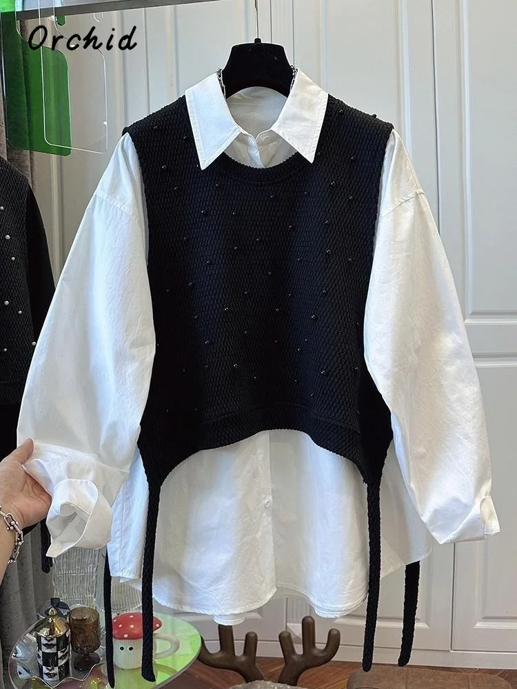 

2025 зимние повседневные стильные лоскутные блузки с отложным воротником, корейские женские шикарные однобортные свободные трикотажные рубашки с длинными рукавами