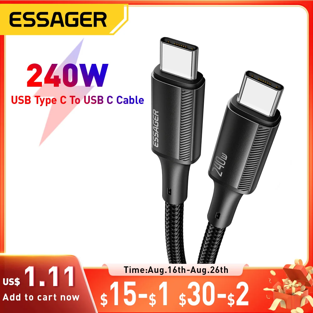 Essager 240w usb tipo c para cabo usb c para macbook ipad samsung huawei pd cabo de carregamento rápido 5a e-marker chip rápido usb c