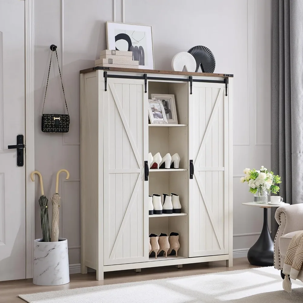 7-Tier 62" Tall Farmhouse Style Shoe Storage Cabinet with Sliding Doors and Rustic Hidden Rack for Entryway