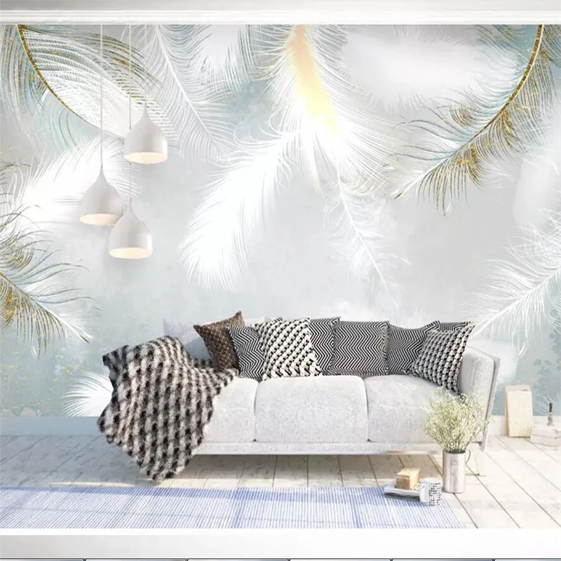 Customized product Modern minimalist 3d hand-painted watercolor feathers Nordic clean white wallpaper mural living room backdrop