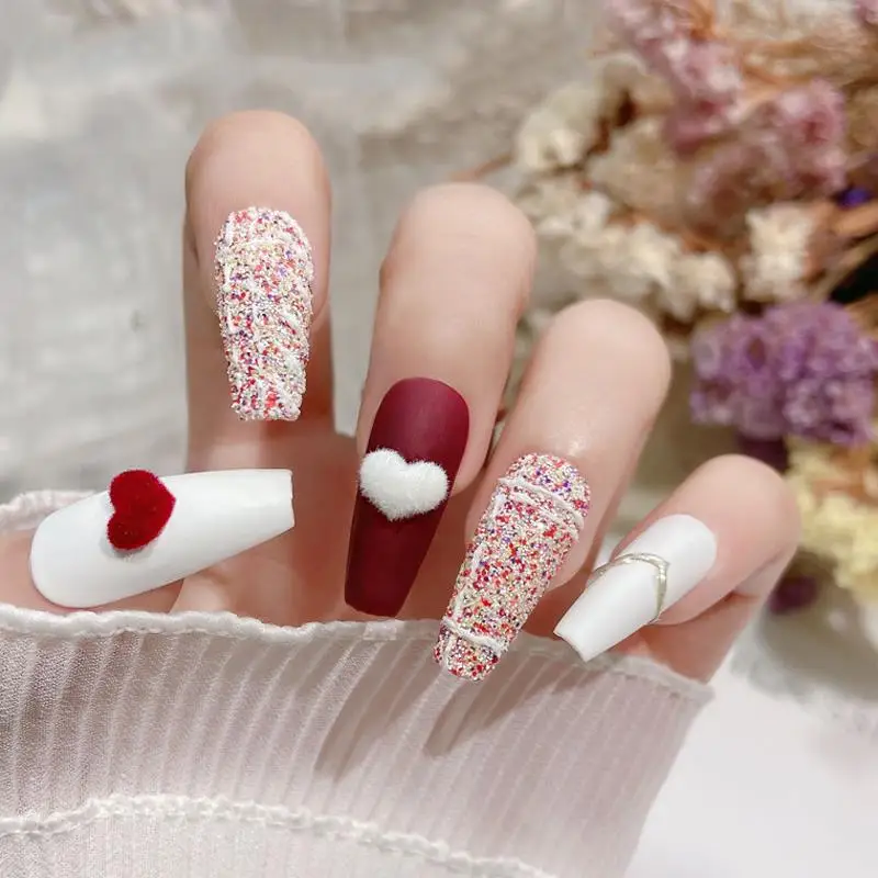 芸術的なネイルアートのためのレジンの植毛ハート装飾,かわいい冬のぬいぐるみ,マニキュアアクセサリー,DIY,赤,黒,白,ベルベット,20個