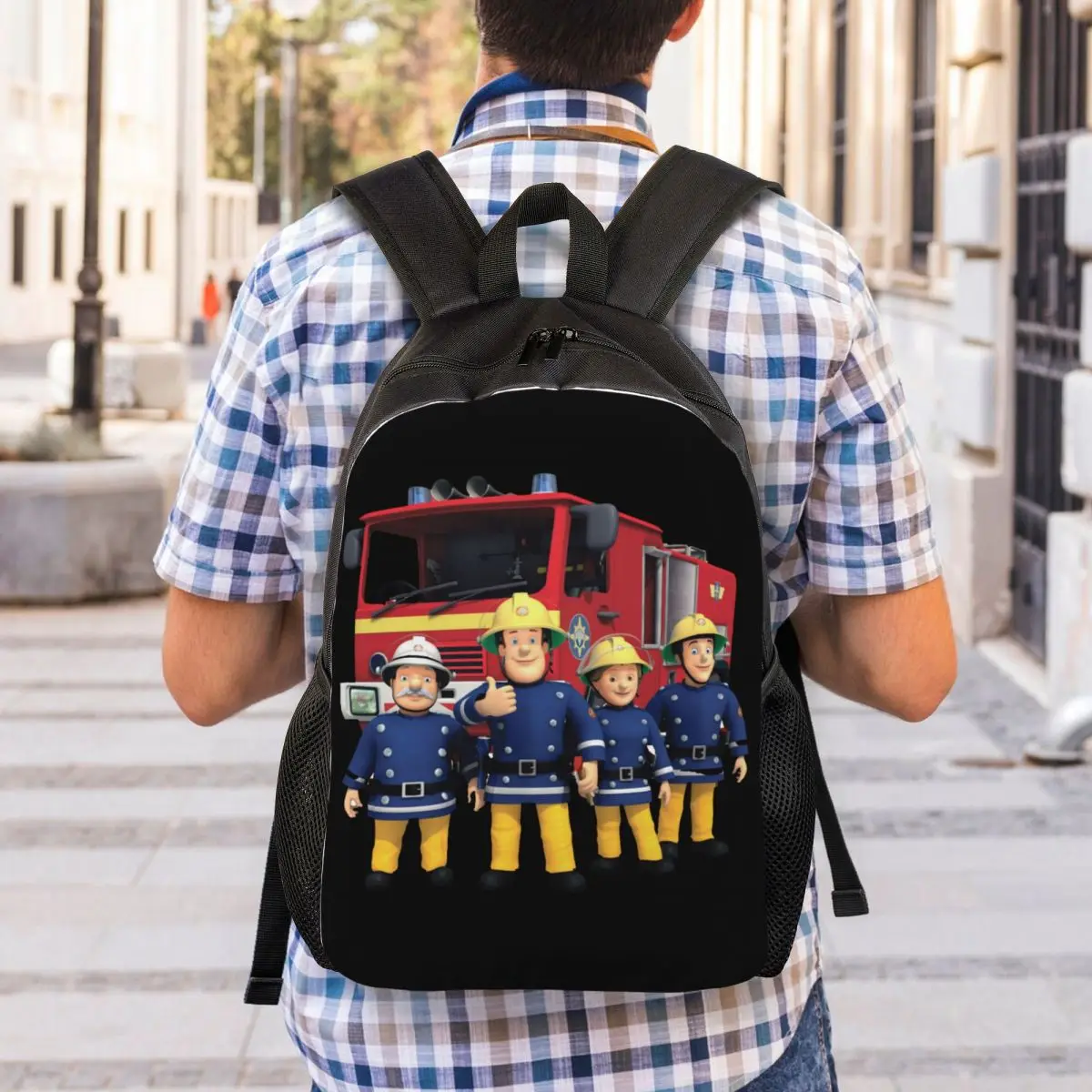 Customized Fireman Sam Backpacks Women Men Fashion Bookbag for School College Cartoon Firefighter Bags