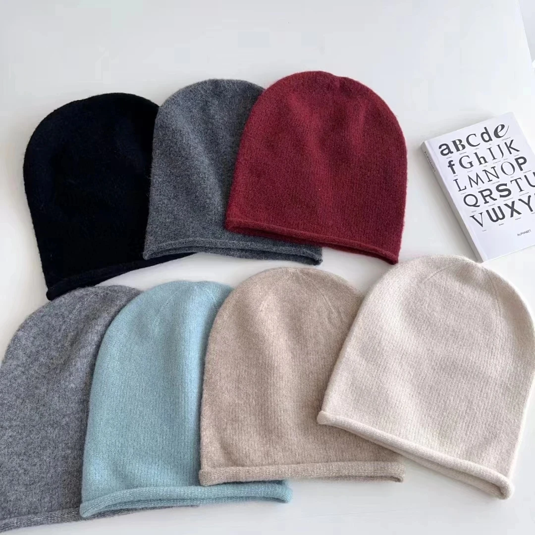 New Popular Unisex Solid Color Wool Cashmere Winter Hat For Woman Edege Curl Cashmere Beanies Female Warm Wool Skullies Gift Cap