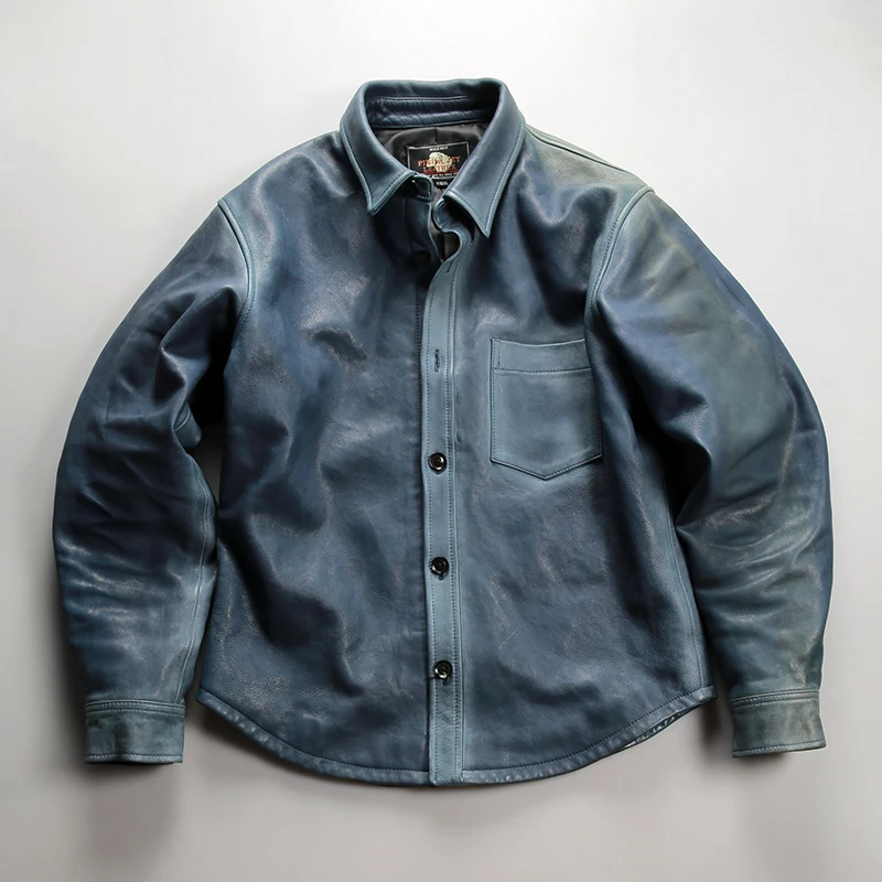 

Высококачественная молодежная синяя рубашка из овчины, мужские модные куртки из натуральной кожи