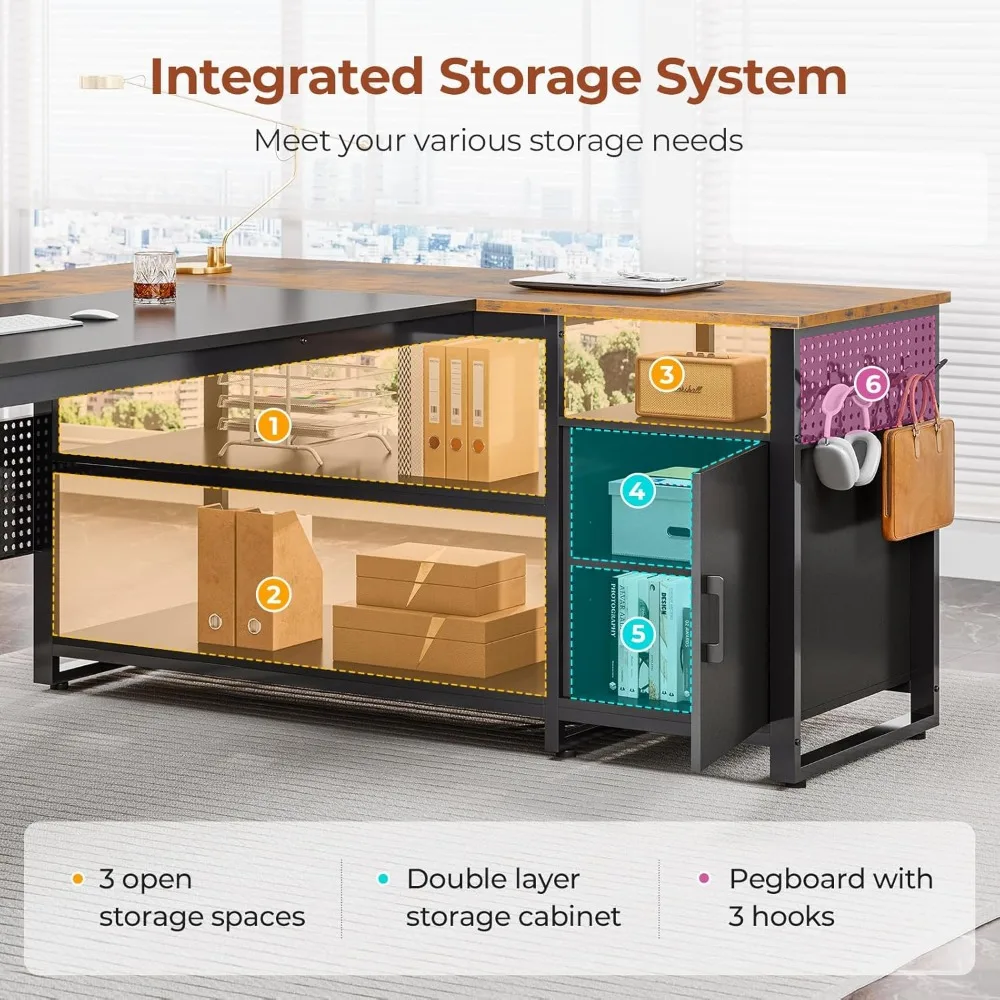 مكتب تنفيذي مقاس 71 بوصة، مكتب على شكل حرف L قابل للعكس مع خزانة ملفات متنقلة ومنافذ طاقة، مكتب كبير مع أدراج، تخزين S