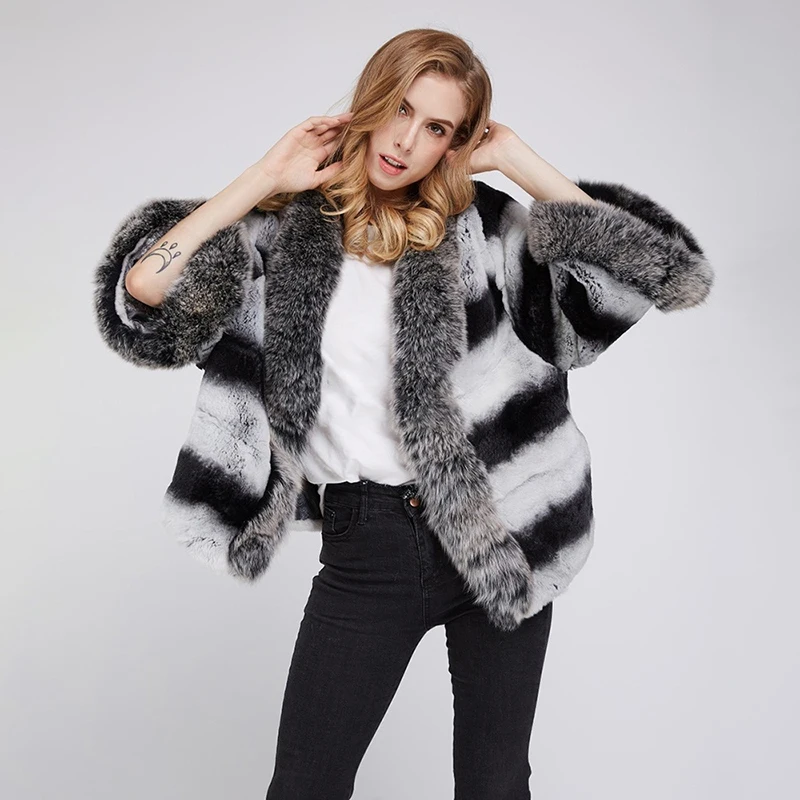 Fox Fur The Cuff Collar Real Rex Rabbit Jacket Women Winter Fashion Contrast Color Warm Tops Genuine Luxury Fur Jacket Female