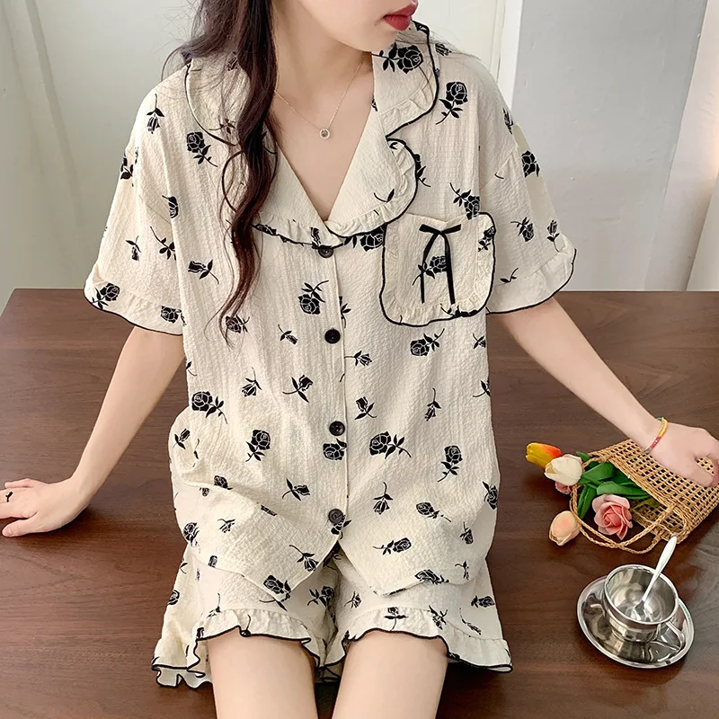 

Ling Summer Short Pjs Sets Rose Print Trousers Sets 2pcs Womens Pajamas Set Female Loungewear Home Clothes Sleepwear Nightwear