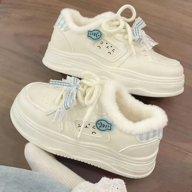 Lolita Girl's Plush White Shoes Cute Casual Sports Sneakers 2025 New Style Student Campus Cotton Sneakers