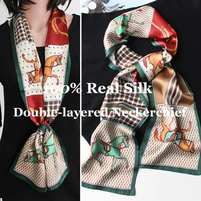 

2026 100% Silk Scarf Double Layer Narrow Neckerchief Elegant Hairband for Women Vintage Neck Hair Wrap Hijab Not Easy To Wrinkle