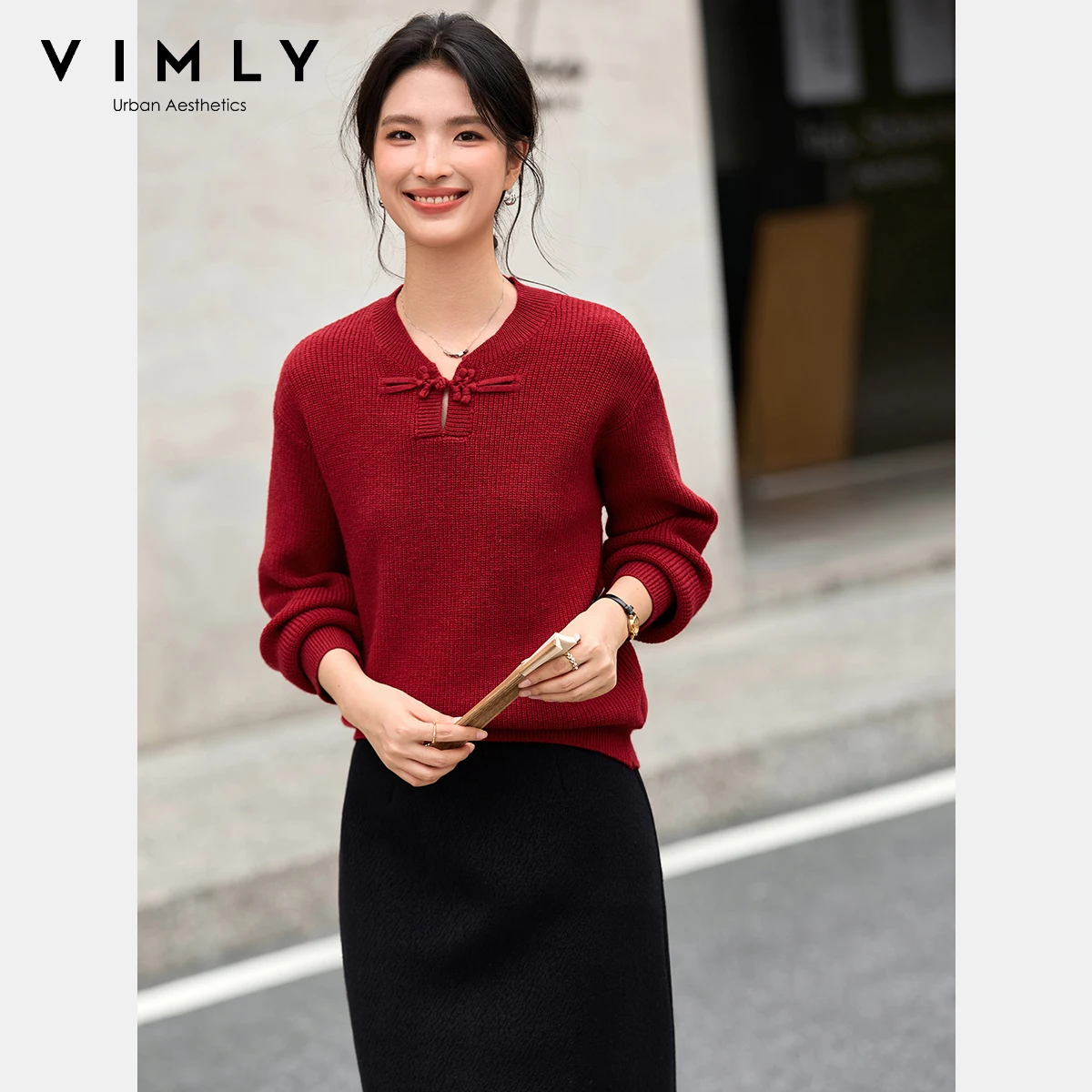 

VIMLY Women's Red Knitted Sweater Chinese Style Stand Neck Full Sleeve Female Pullover Autumn 2025 Elegant Strecth Jumpers 75210