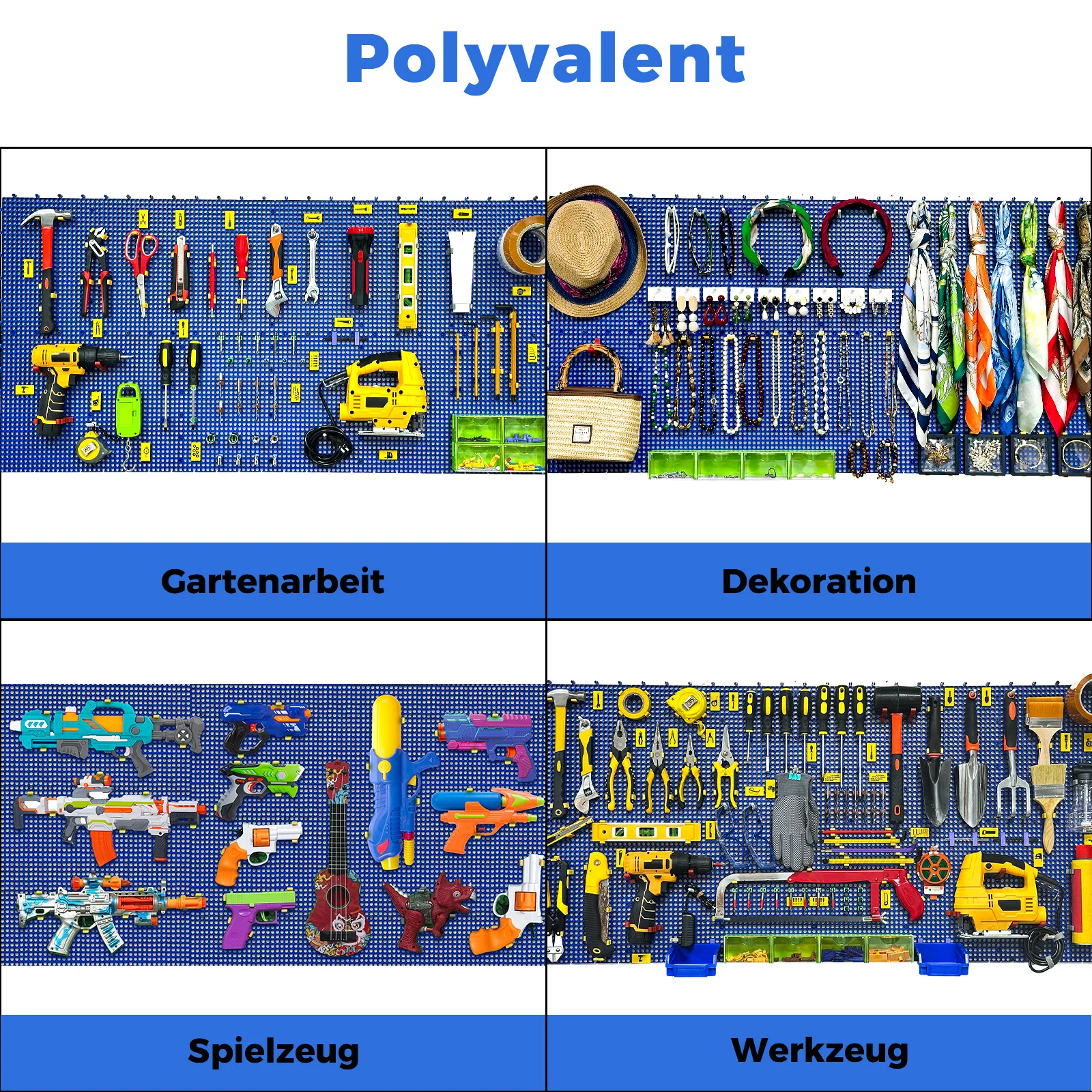 12개 블루 플라스틱 페그보드 세트 428개 액세서리, 녹 방지, 처짐 방지, 차고 페그보드 벽 페그보드 정리함