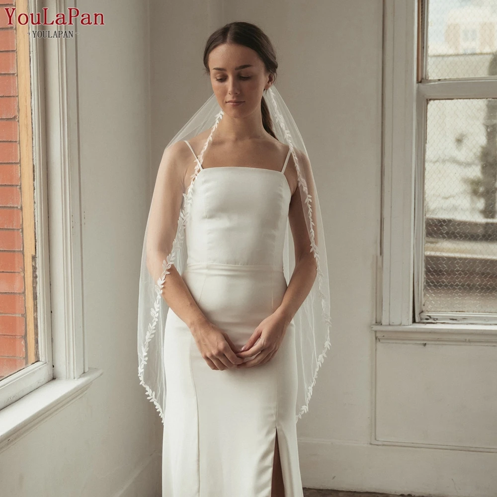 YouLasaupoudrer-Voile de mariage en tulle doux avec bordure en dentelle, 1 niveau de long, élégant, valse délicate, longueur VEU, patients, V129