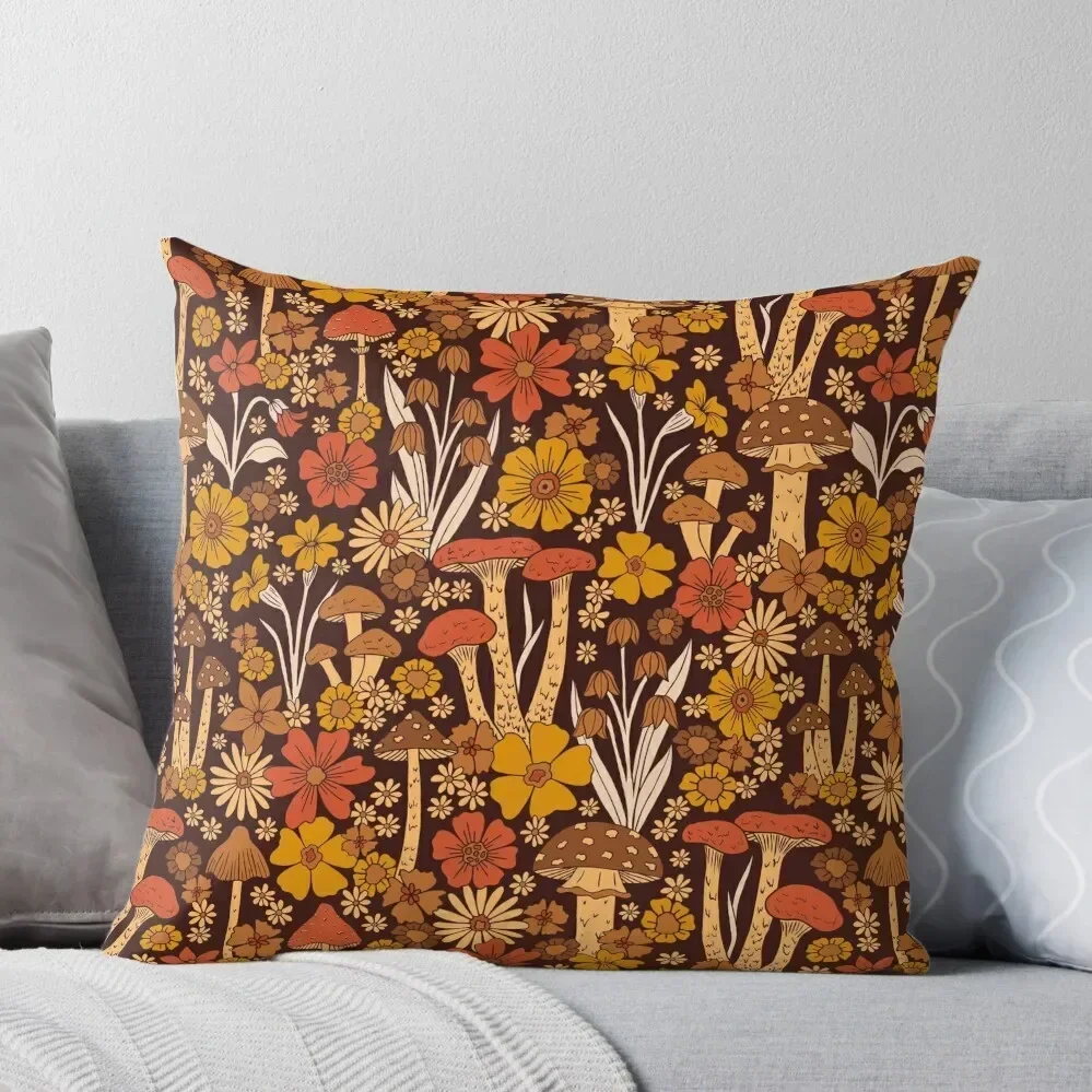 

Retro 1970s Brown & Orange Mushrooms & Flowers Throw Pillow Decorative Cushion pillows decor home pillow cover christmas pillow