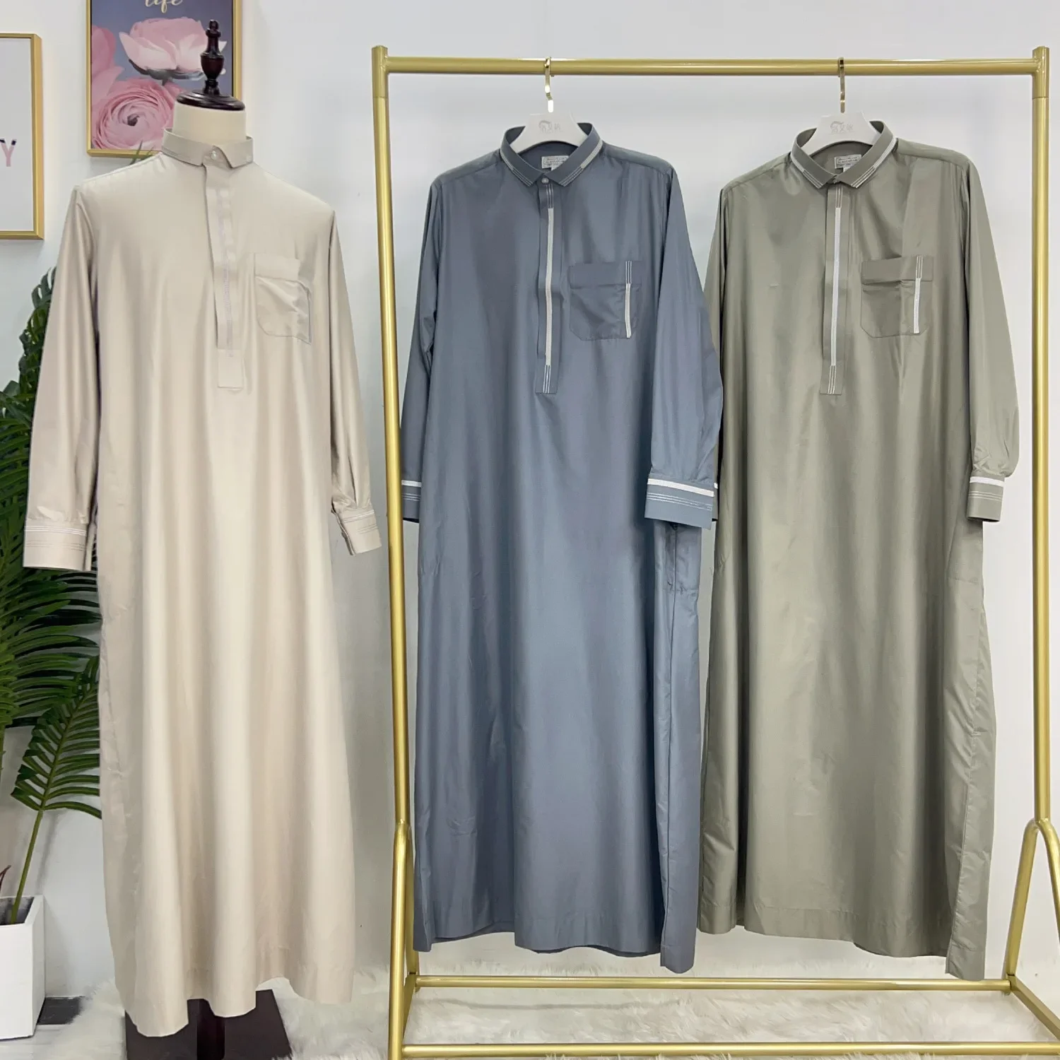 Eid Ramadan Abito da uomo Jubba Thobe Cappotto musulmano Caftano Islam Abaya Arabo saudita Thoub Djellaba Daffah Dishdasha Abbigliamento Abito