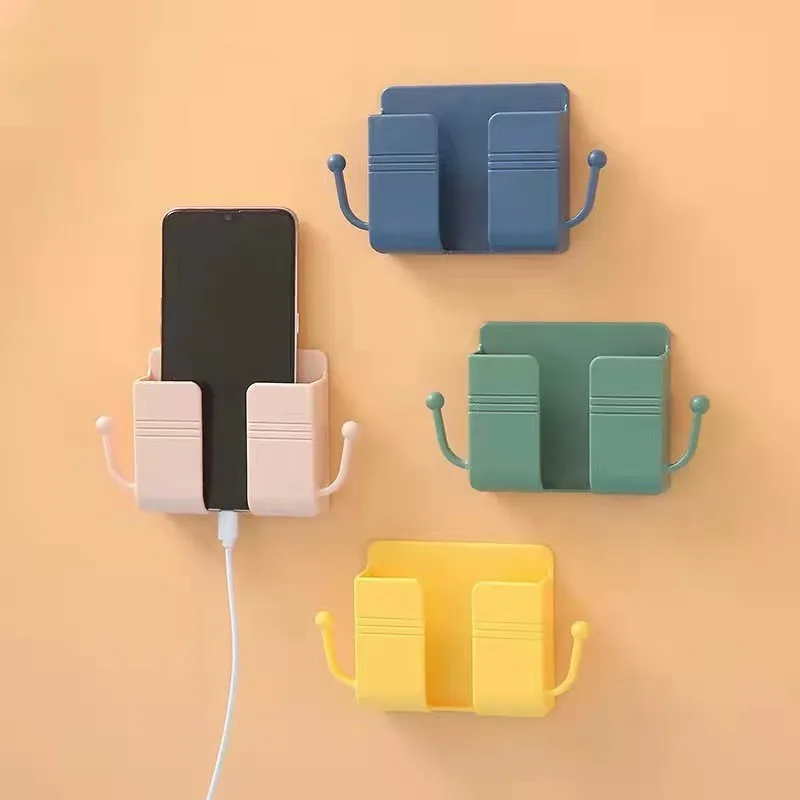 1pc Plastic Mobile Phone Holder Wall Mounted Plug Holder Punch Free Organizer  Mobile Phone Charging Holder With Side Hooks