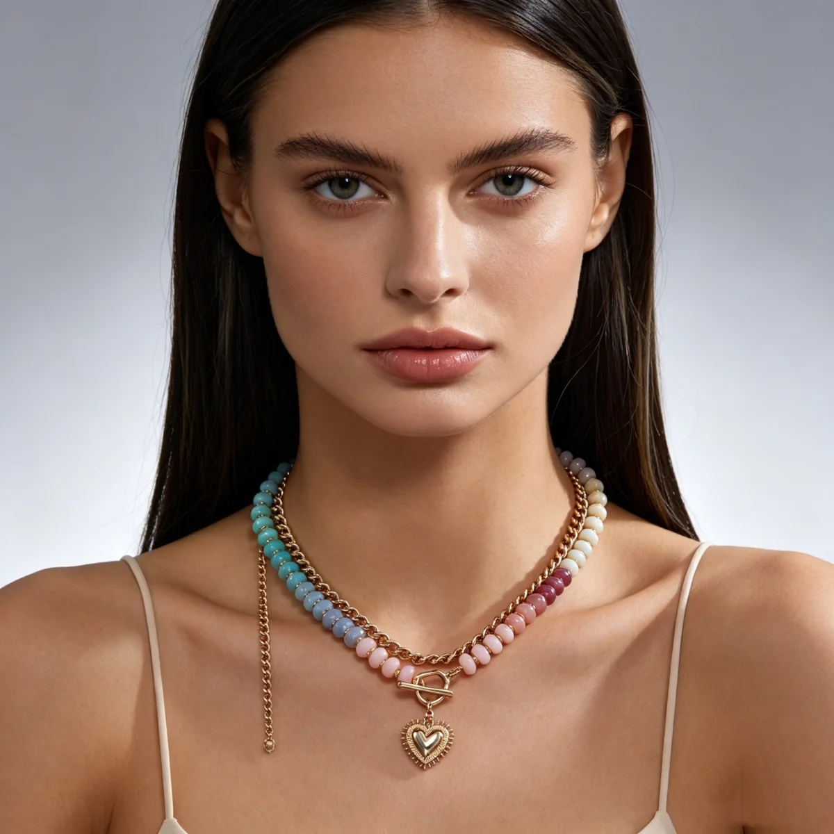 Y2K-Halskette mit Herzanhänger aus farblich abgestuften Harzperlen für Damen und Herren, Liebesherz, bunte Acrylperlen, Choker, ästhetischer Schmuck – Detail 4