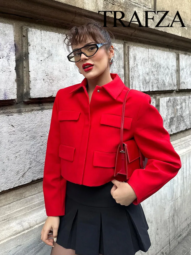 TRAFZA Autumn Women Fashion Single Breasted Turn Down Collar Red Coats+Female Chic Casual Office Lady Slim Pants 2 Piece Suit