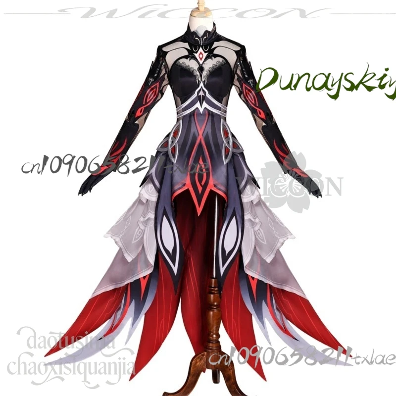 Juego de Anime Genshin Impact Cosplay disfraz de Ronova mono Sexy vestido largo negro rojo patrón de hueso de dragón gótico Lolita Halloween