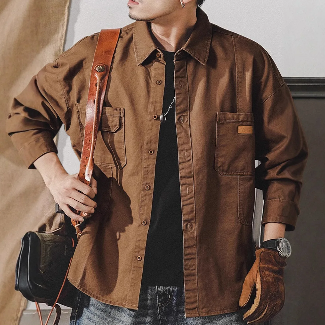 

100% Cotton Multi-Pocket Workwear, Men's Vintage Military Shirt, Oversized Camping Fishing,Army Green Black Khaki​