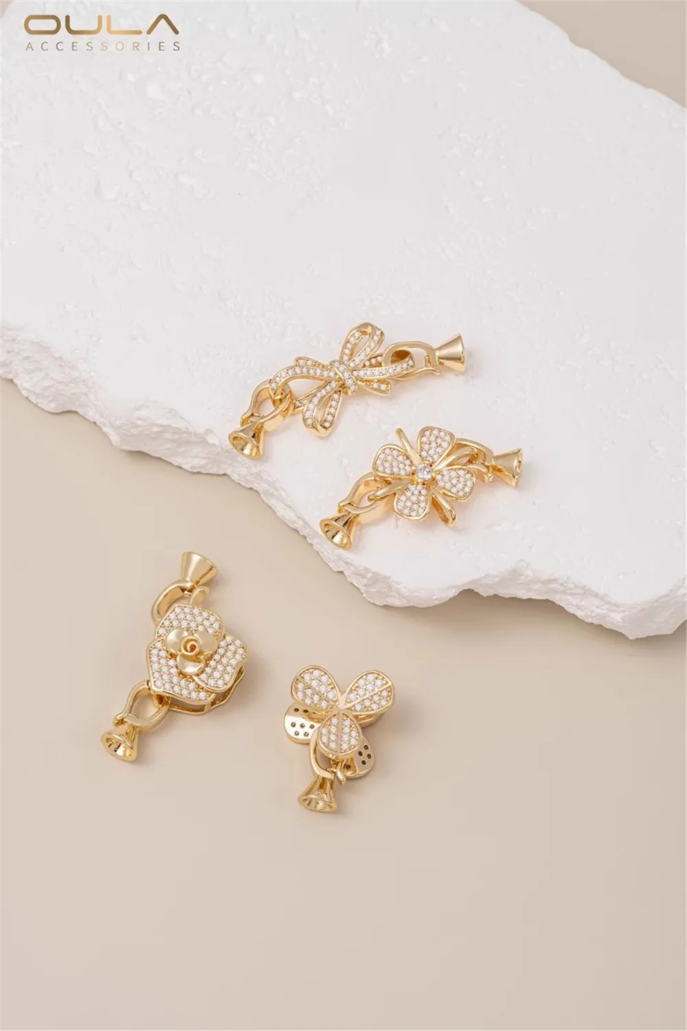 

14K Gold-Color Plated Micro-inset Zircon Rosette Bow Pearl Necklace Button Connection Buckle Diy Jewelry Buckle