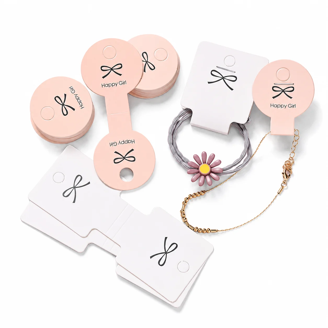 Armband- und Halsketten-Displaykarten-Set, 100 weiße Displaykarten mit „Happy Girl“-Schleifendruck für Armbänder, Ketten und Bastelarbeiten – Detail 1