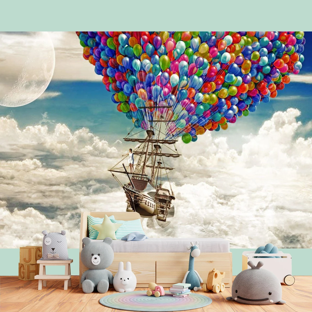 Flying Colorful Balloon Backdrop Rainbow Sky White Clouds Photography Background House Natural Landscape Space Travel Party