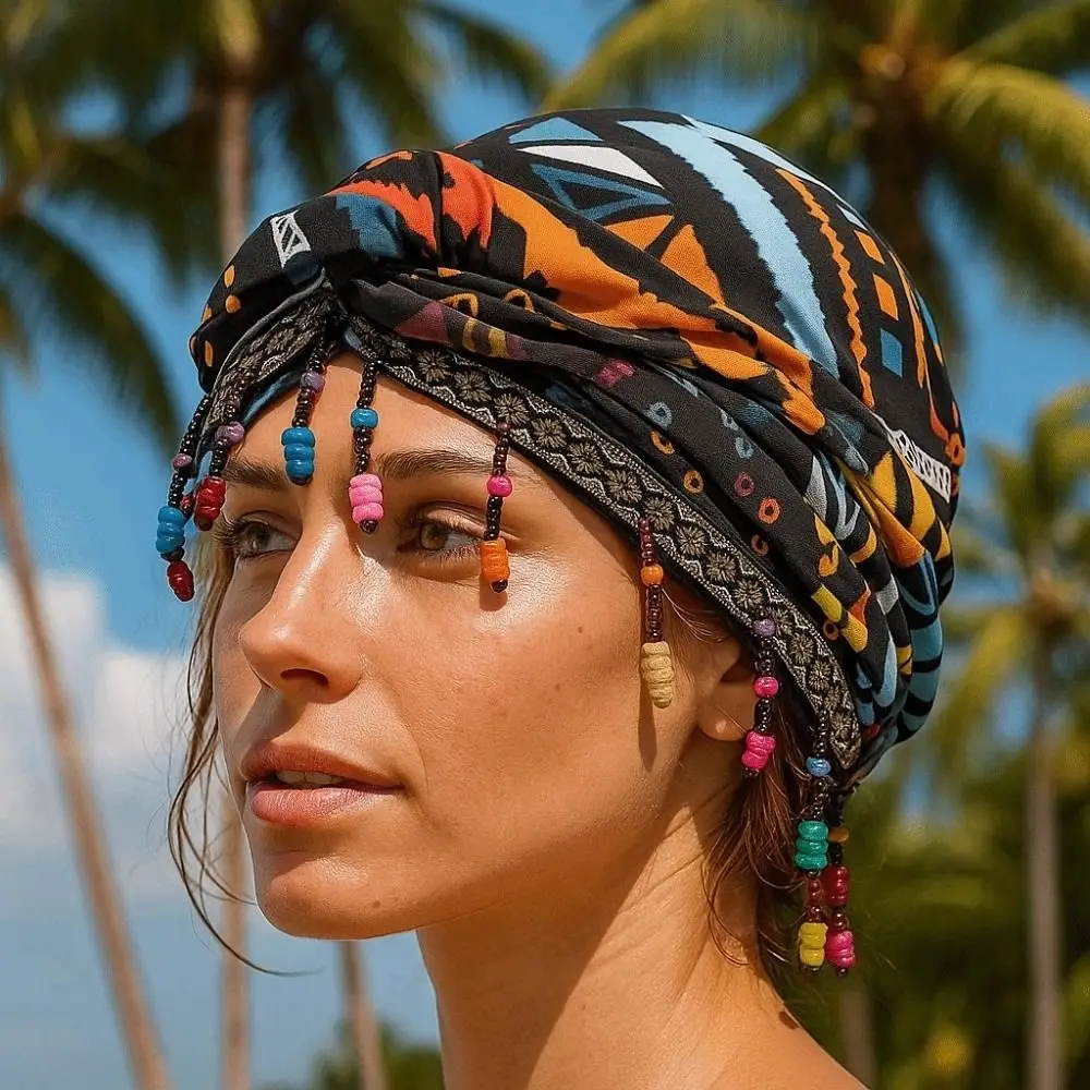 Pañuelo elástico colorido con cuentas, estilo étnico, hiyab, turbante pre-atado, gorro sin ala estilo indio, gorro jacquard tipo jersey.
