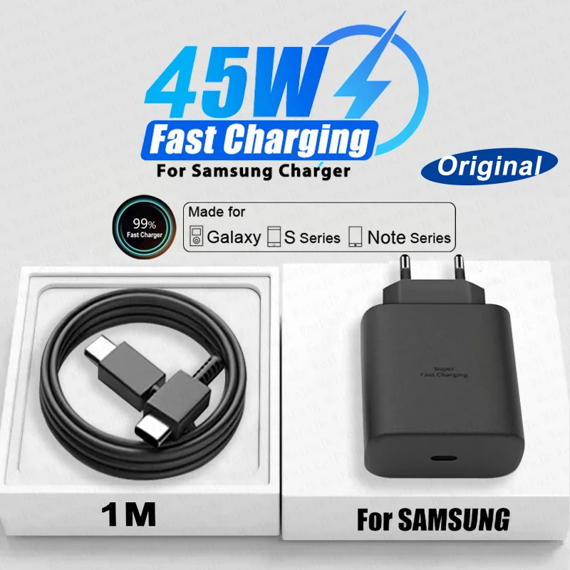 Original 45W Quick Type C Charger For Samsung Galaxy S22 S23 S24 Ultra S21 S20 FE S10 Note 20 Plus A71 A80 Fast Charging Cable