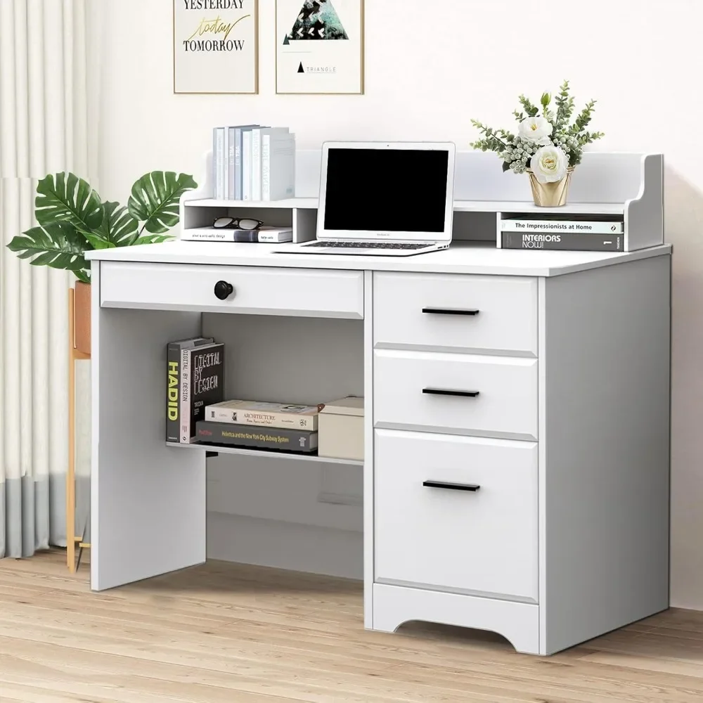 home.Computer Desk with 4 Drawers and Hutch, Home Office White Writing Desk with File Drawer and Shelves for Small Spaces