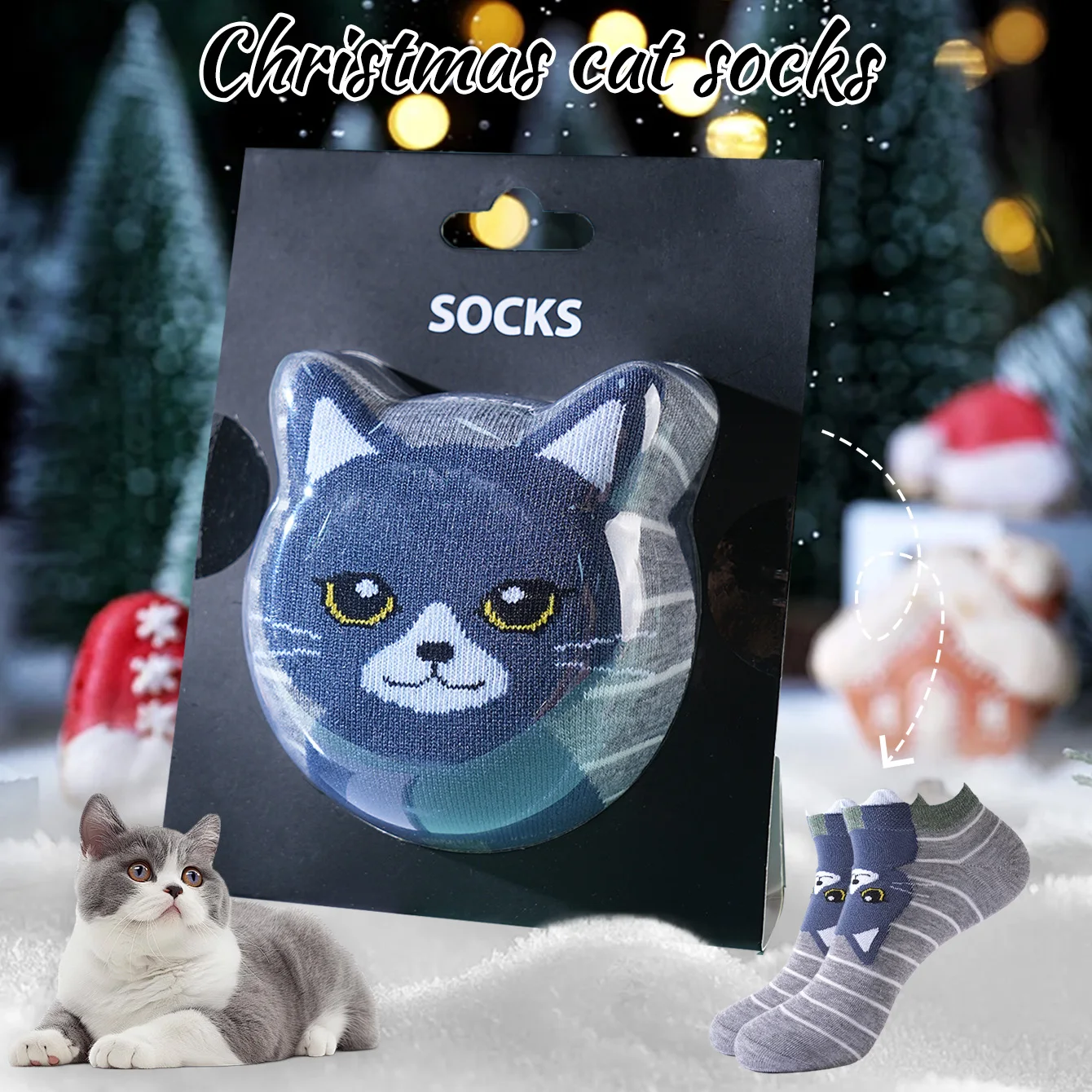 1 pair of unisex short socks with a novel and interesting animal cat design, gift box socks, creative socks, fashionable and trendy style, comfortable and breathable, suitable for parties, casual wear, Valentine's Day, Halloween, birthdays, Christmas, New Year, Thanksgiving, autumn and winter, all-season style, creative gift box