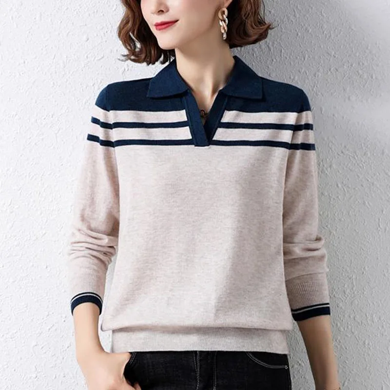 New Autumn Fashion Loose Versatile Polo Polo Polo Collar Panel Contrast Color Temperament Women\'s Knitted Long Sleeve Sweater