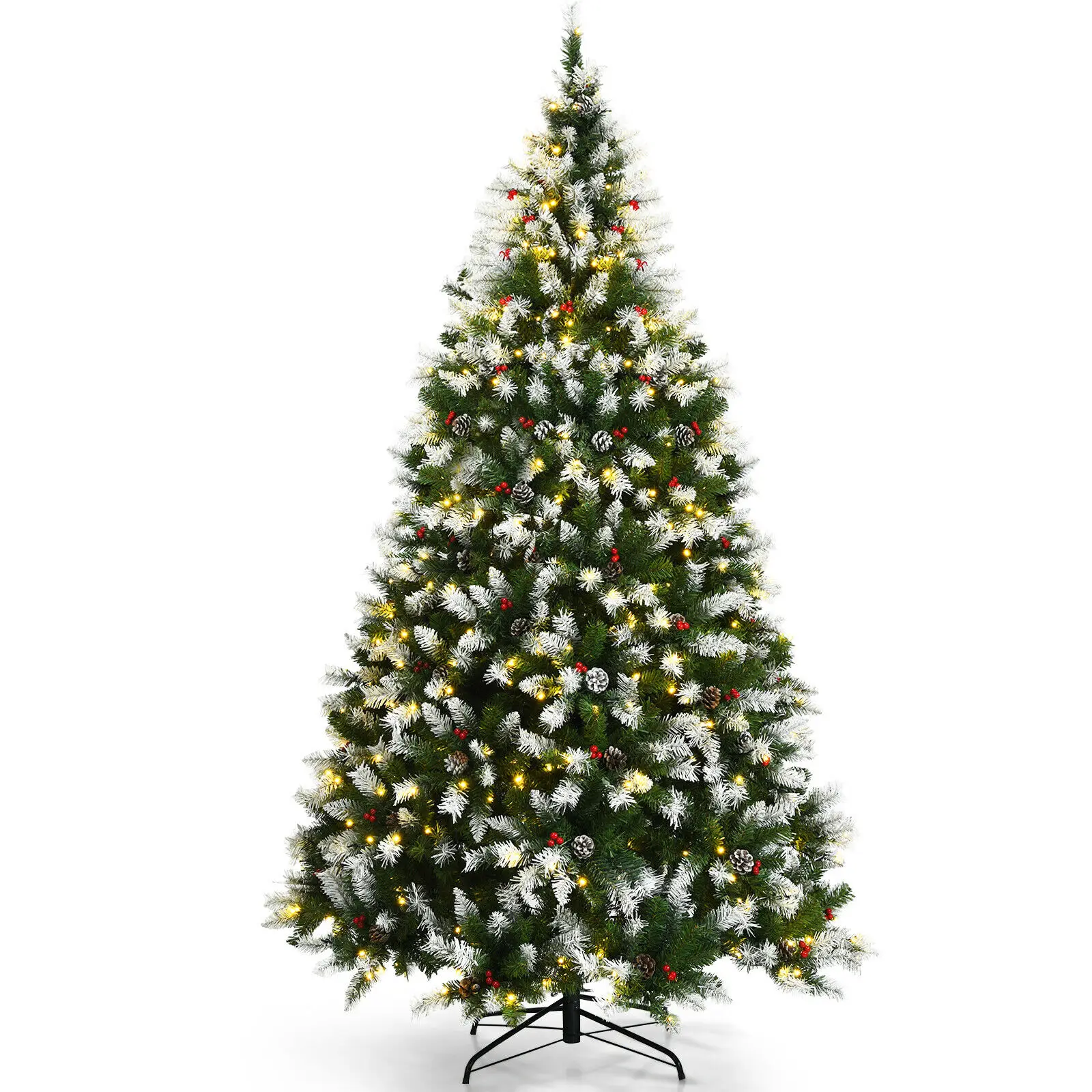 Costway 6ft/7.5ft/9ft  Pre-lit Snowy Christmas Tree 1398 Tips w/ Pine Cones & Red Berries