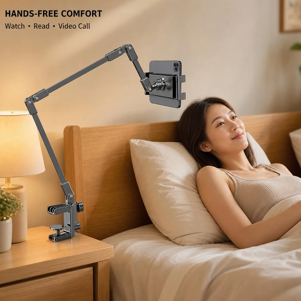 Adjustable Bed Phone Holder Stand for 4.7-12.9 Inch Phone Tablet, Foldable Metal Arm Desk Clamp, 360° Viewing view 2