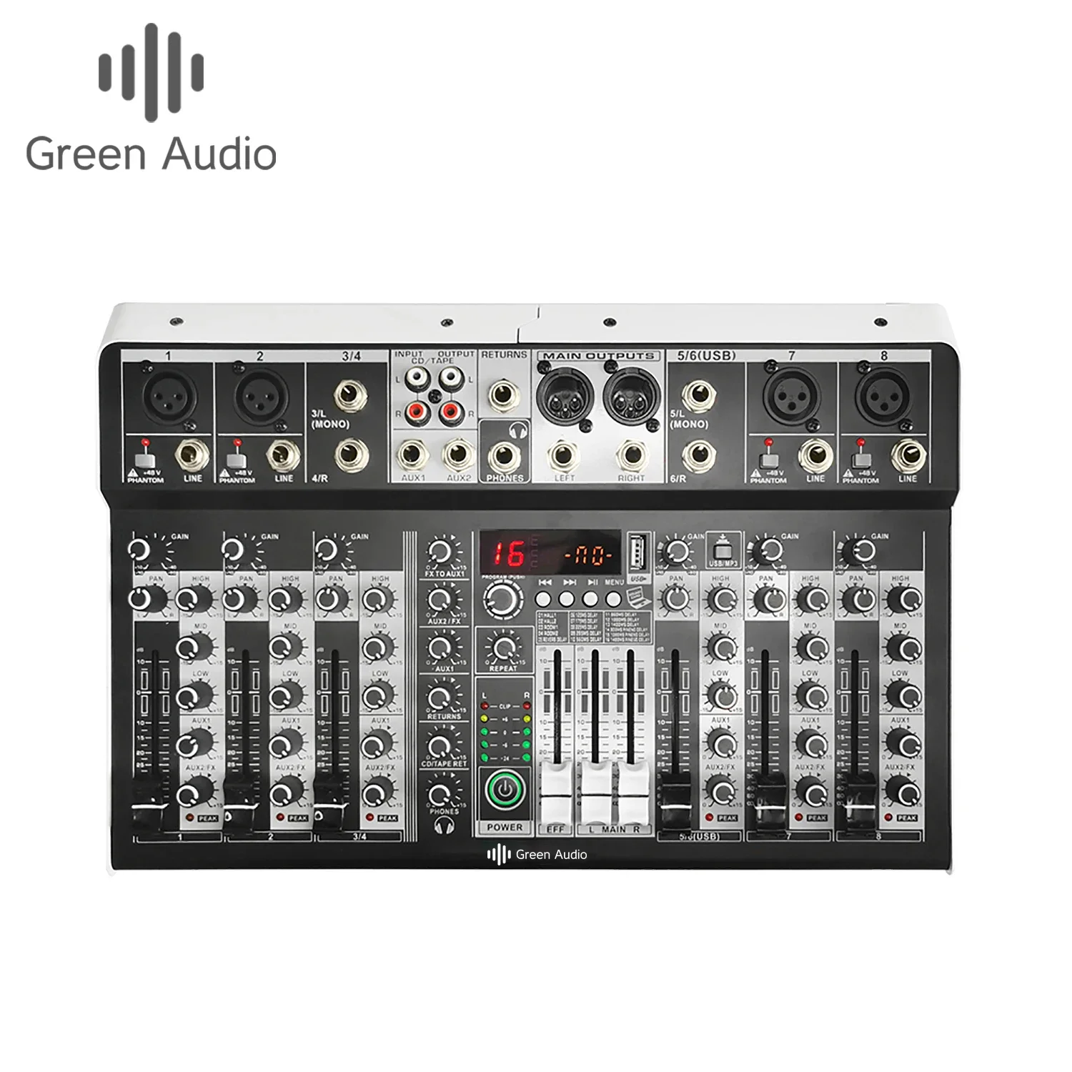 GAX-MF8 8 Channel Audio Mixer 16 Digital Reverb Effects Three Band Equalizer Mixing Console With USB +48V Phantom Power