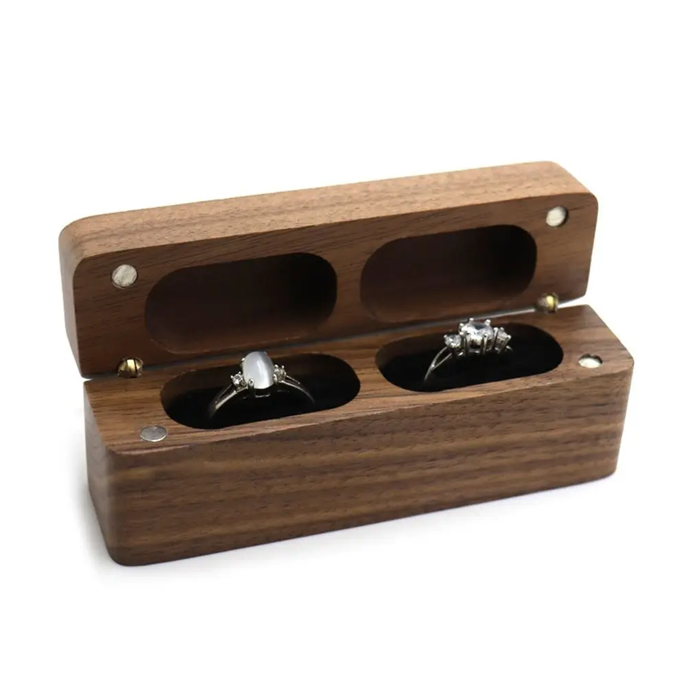 Portable Ring Box Rustic Walnut Wood Flip Cover Wedding Ring Case Rectangular Magnetic Cover Jewelry Display Case Birthday