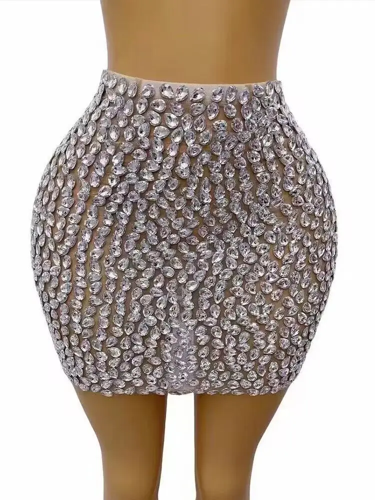 High Quality Super Shining Crystal Sexy See Through Mini Skirt Hot Sexy Woman Fashion Item Evening Party Vestido Photo Styling