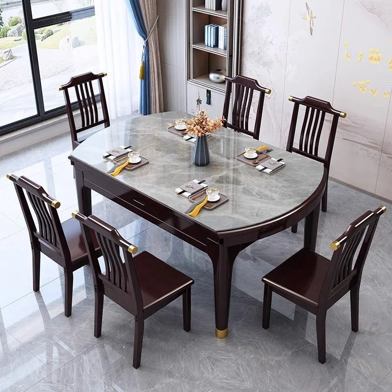 

New Chinese rock slab dining table solid wood combination small apartment household telescopic folding square and round