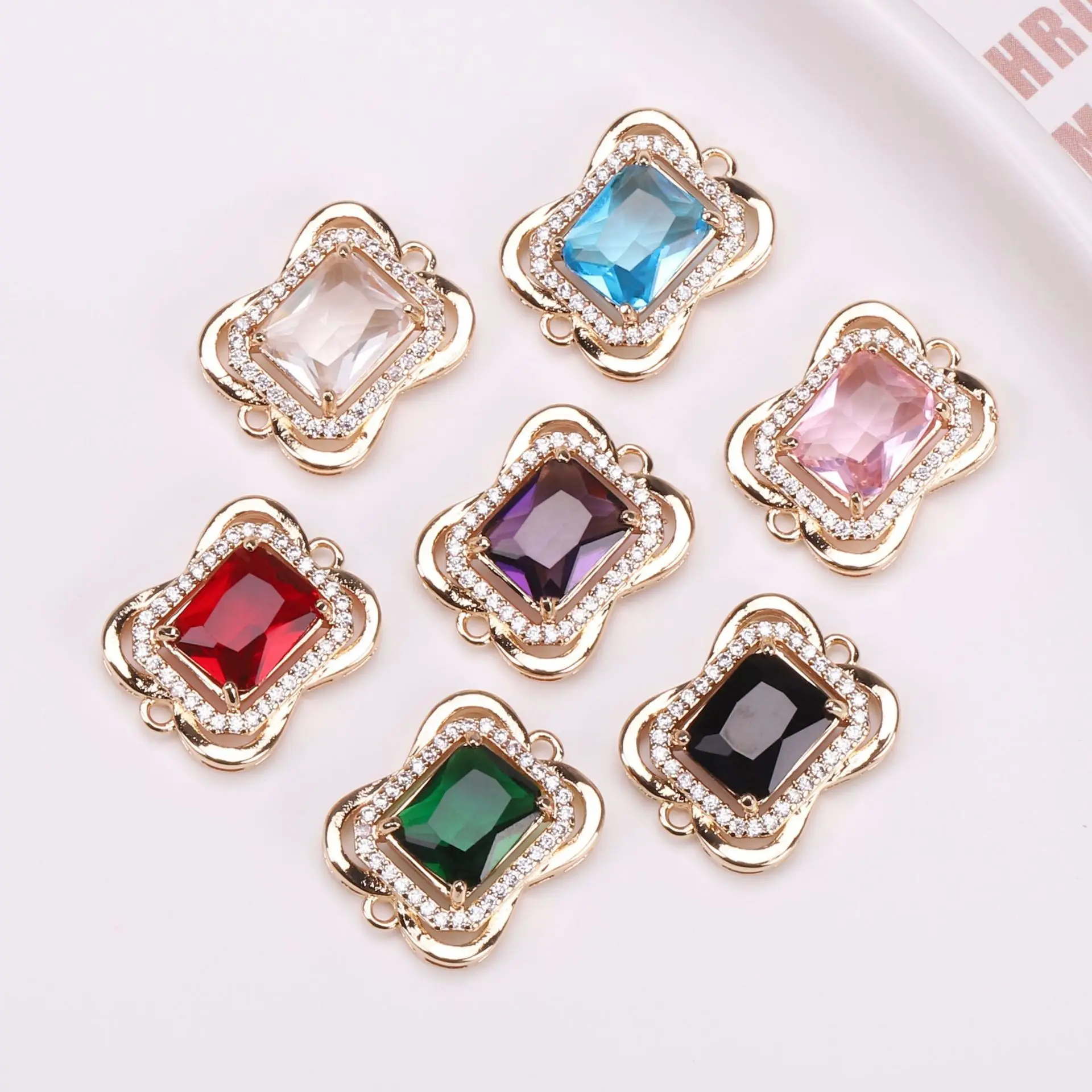 10pcs/ Bag DIY accessory rectangular double ring connector colored copper micro inlaid zircon crystal pendant