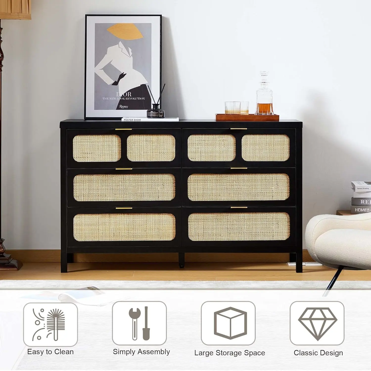 6 Drawer Dresser, Modern Rattan Dresser Chest With Wide Drawers And Metal Handles, Farmhouse Wood Storage Chest Of Drawers For