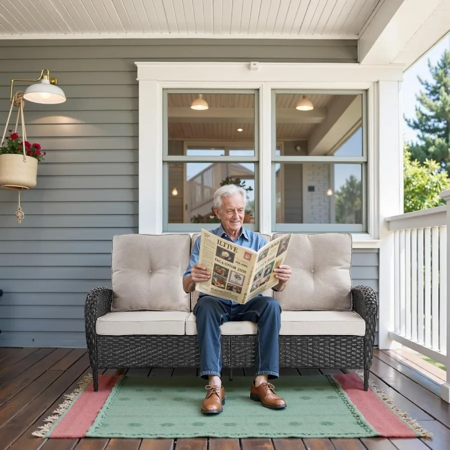 Belord Outdoor Patio Furniture 3 Seater Wicker Sofa with Removable Cushions Deep Seat and High Backrest AllWeather Resistant Ra