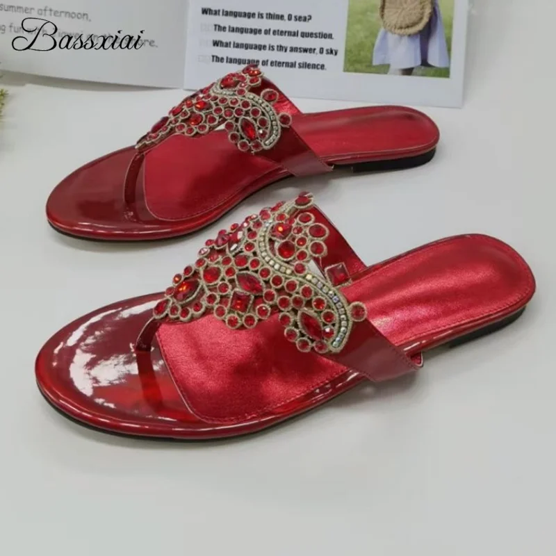 

Individual Rhinestone Flower Decor Flip Flops Luxury Patent Leather Flat Heel Slim Outwear Mules Summer