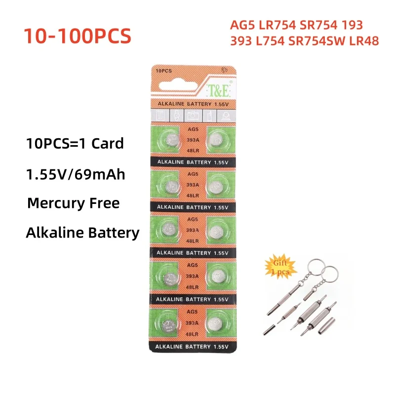 10-100PCS Battery AG5 LR754 Button Batteries SR754 193 393 L754 SR754SW LR48 1.55V Cell Coin Batteries For Watch Toys Remote